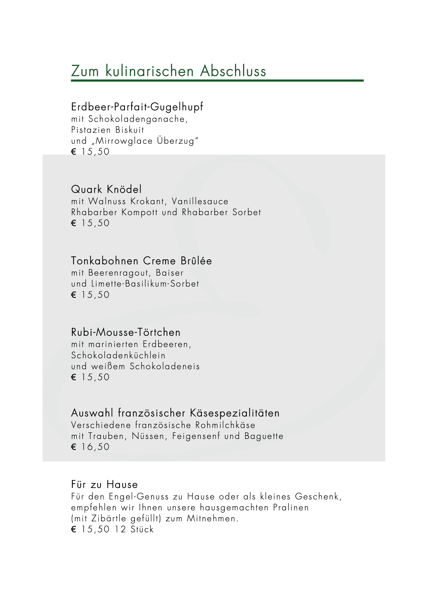 Seite 6 der À-la-carte-Karte Sommer 2026: Desserts mit Erdbeer-Parfait-Gugelhupf und Quarkknödel.