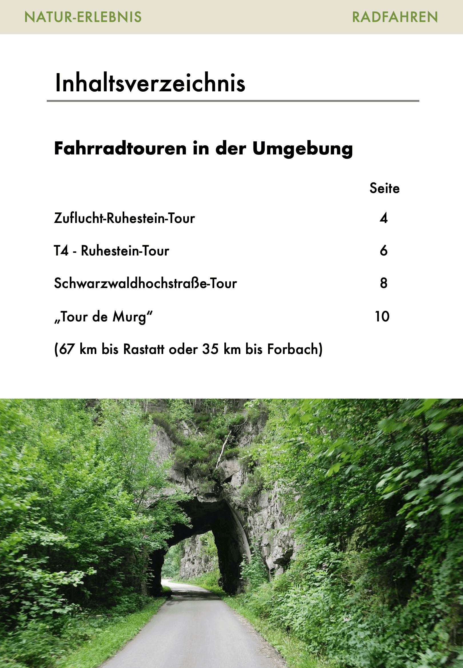 Radtouren-Broschüre Seite 3: Inhaltsverzeichnis der vier Radtouren