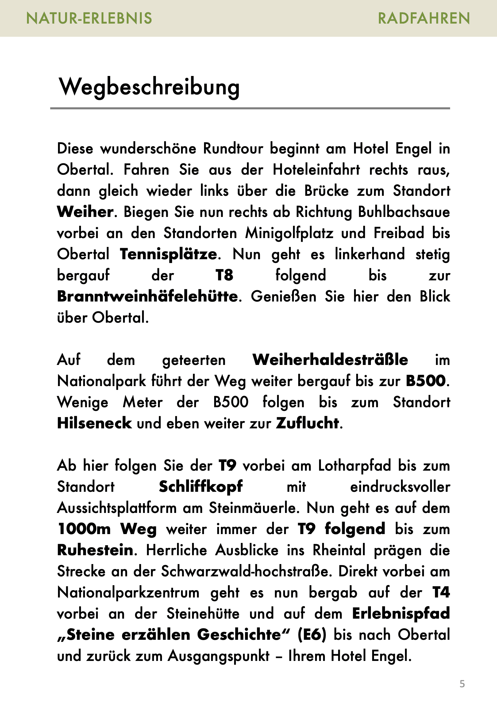 Radtouren-Broschüre Seite 5: Wegbeschreibung Zuflucht-Ruhestein-Tour