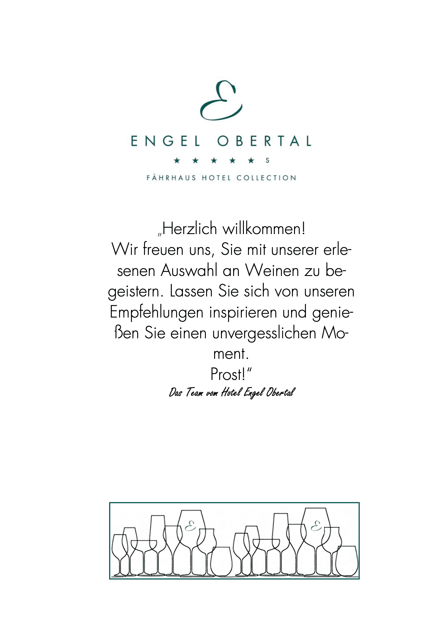 Weinkarte des Engel Obertal, Seite 1: Willkommensworte zur Weinauswahl des Hauses.