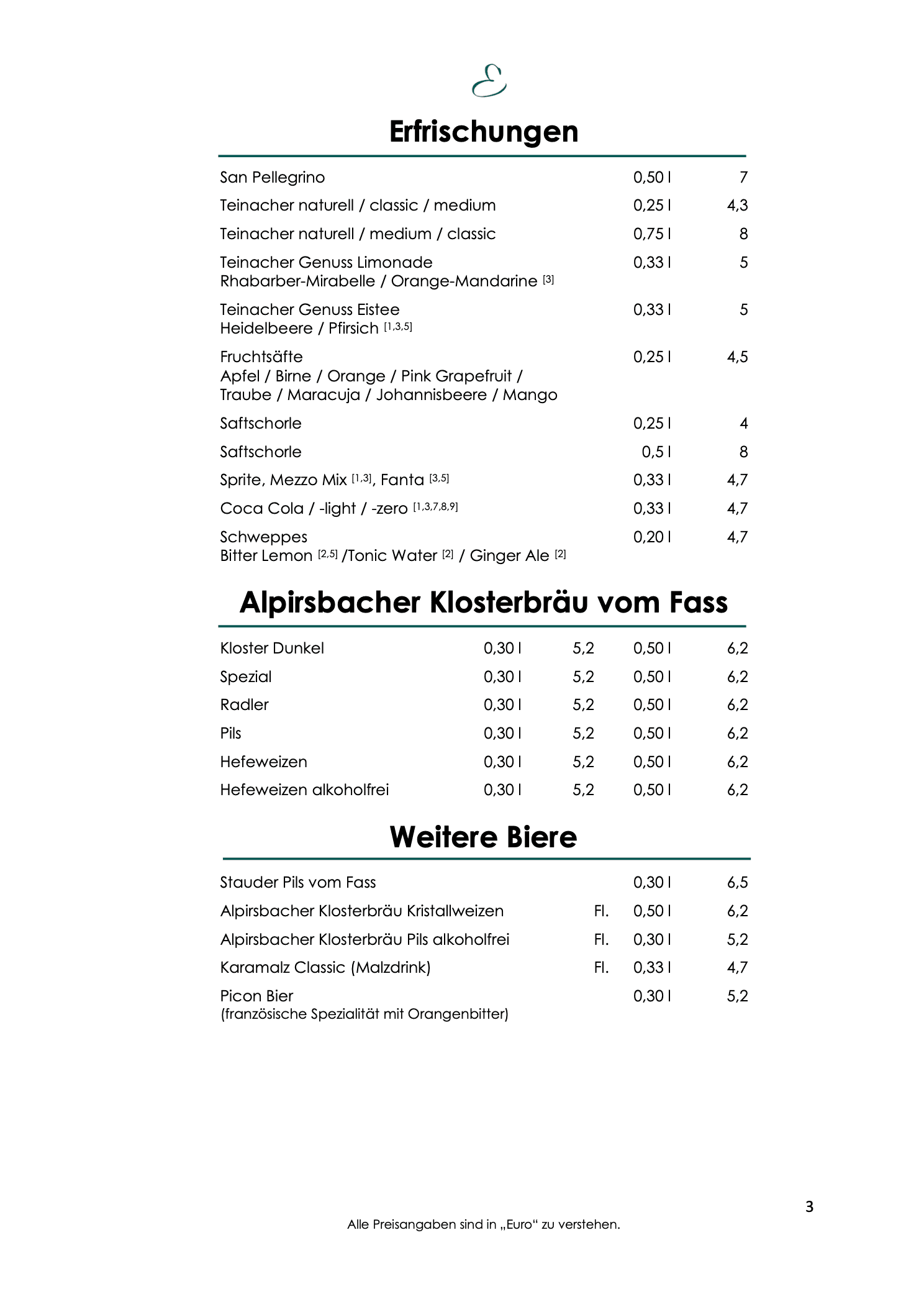 Weinkarte, Seite 3: Erfrischungen mit San Pellegrino, Teinacher, Säften und Limonaden.