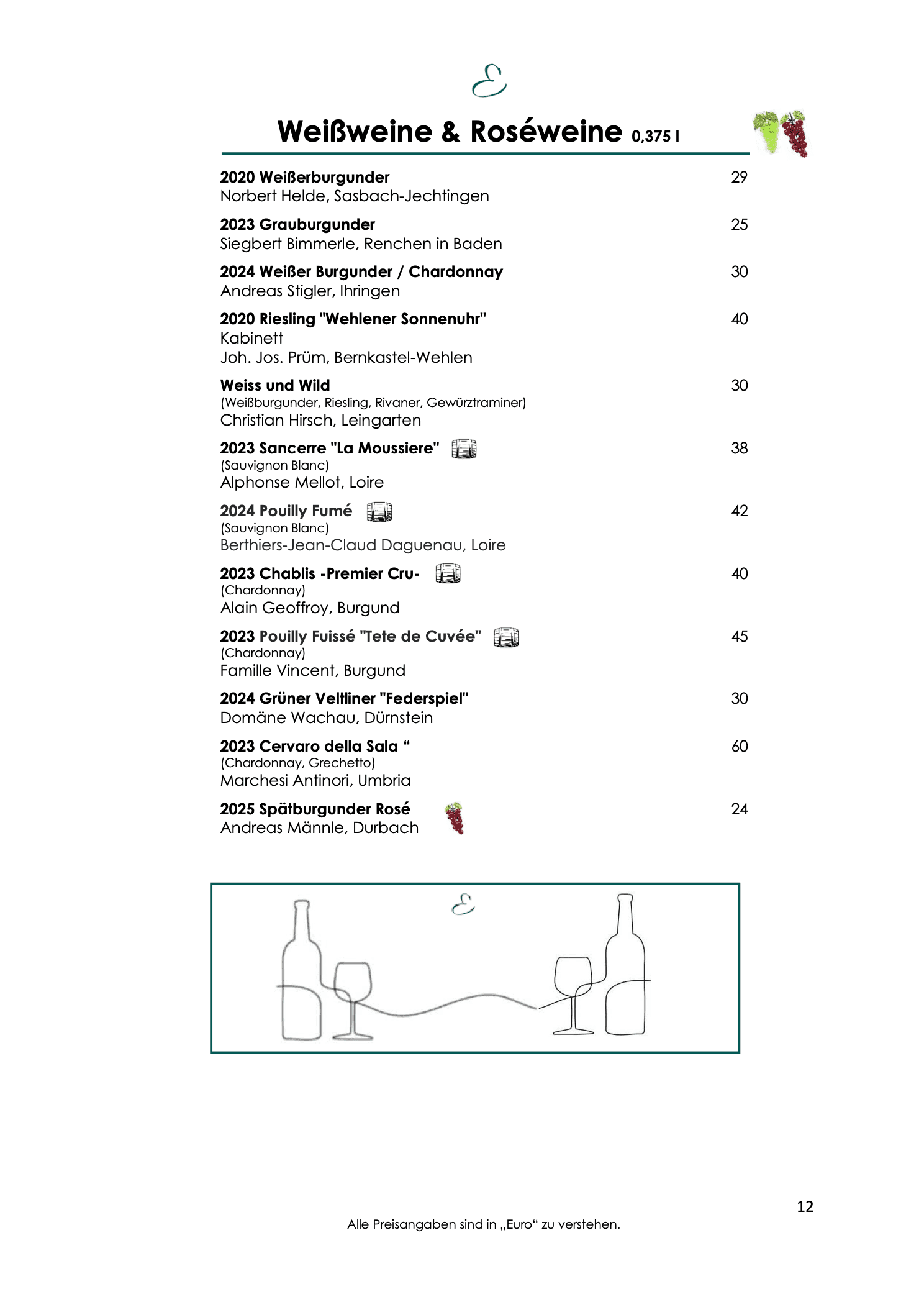 Weinkarte, Seite 12: Weiß- und Roséweine in der halben Flasche.
