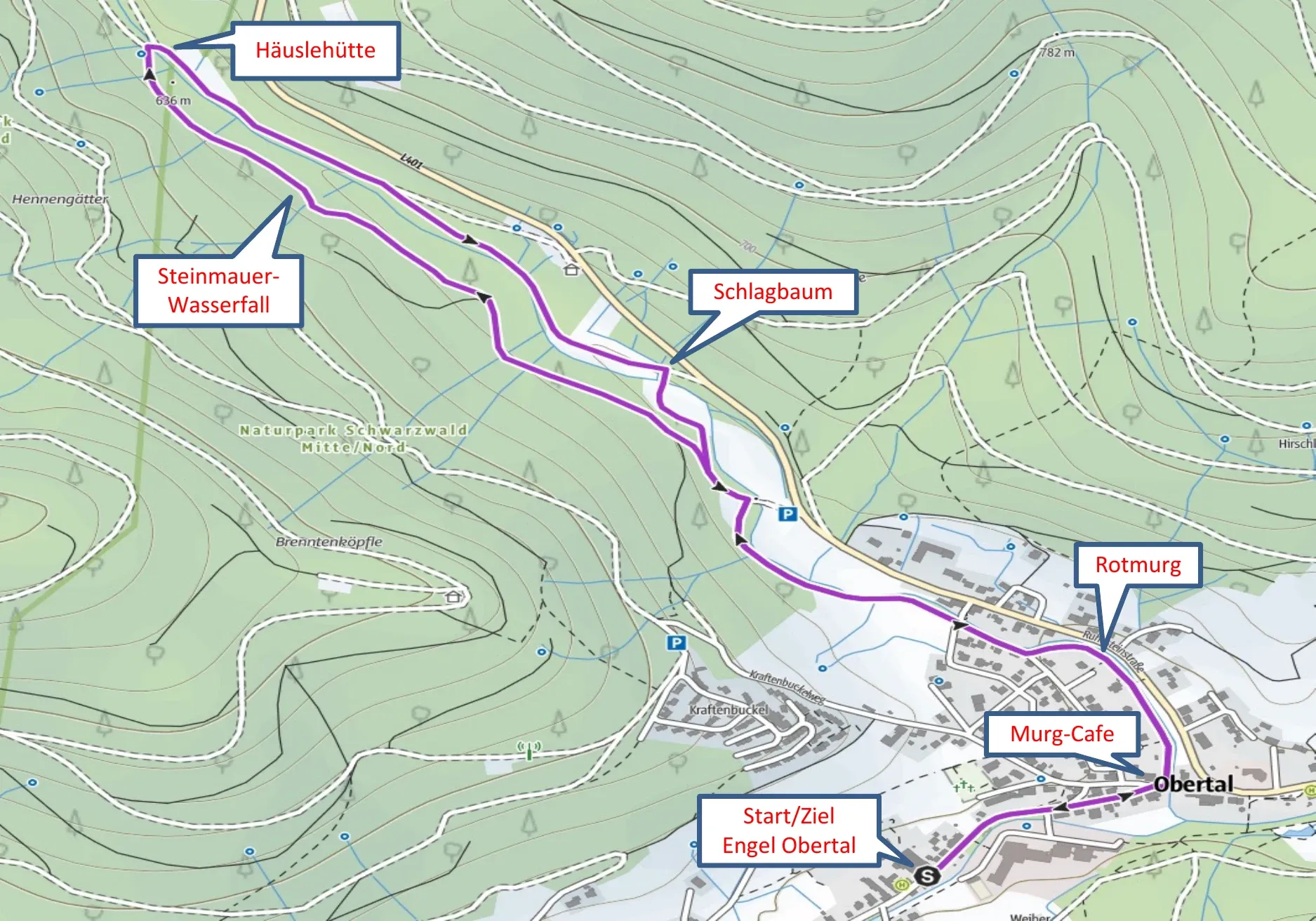 Laufstreckenkarte des Häusle-Rundwegs ab Engel Obertal mit Route entlang der Rotmurg über Murg-Café, Steinmauer-Wasserfall und Häuslehütte.