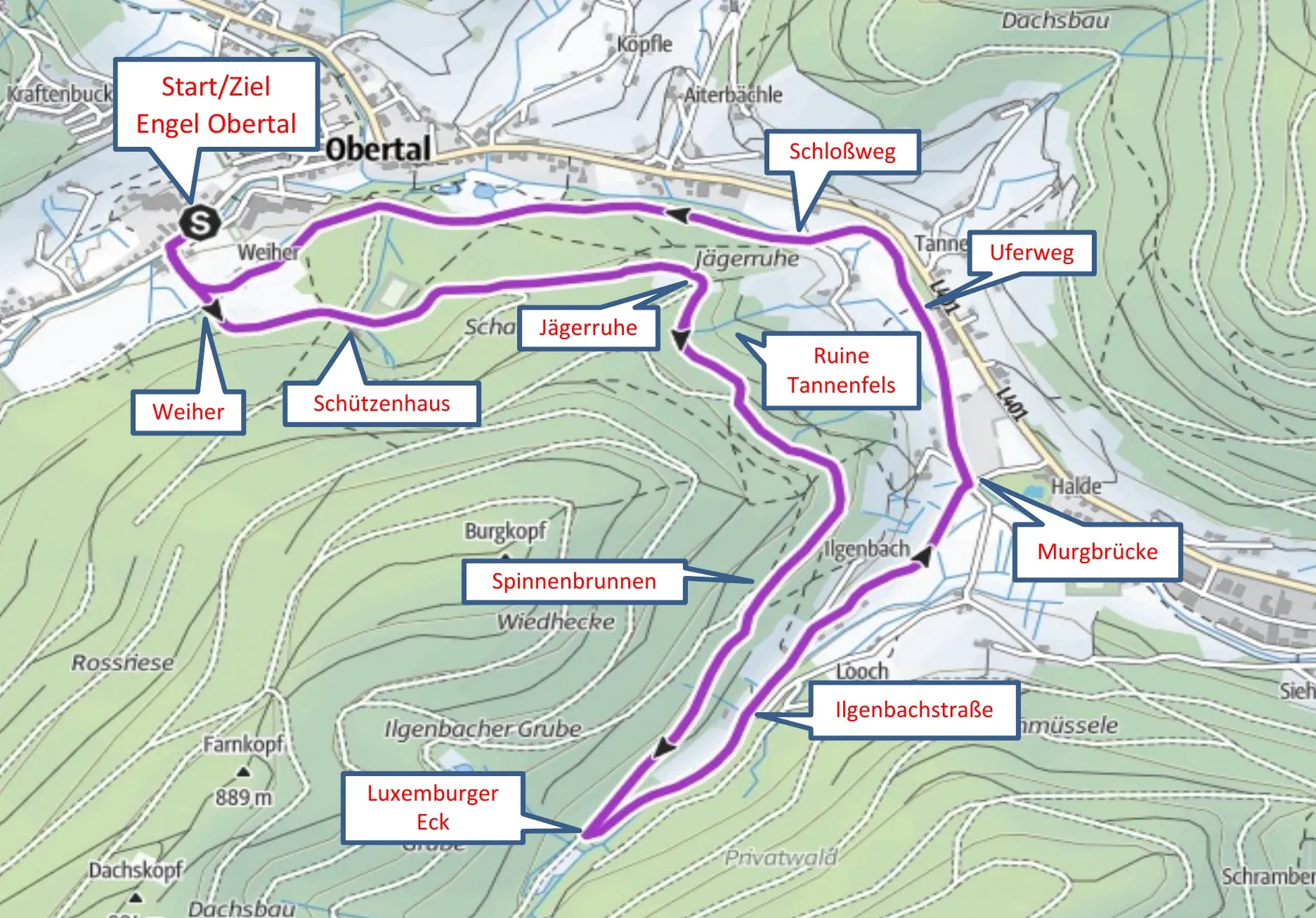 Laufstreckenkarte der Runde Obertal–Ilgenbachtal ab Engel Obertal mit Route über Schützenhaus, Jägerruhe, Ruine Tannenfels und Spinnenbrunnen.