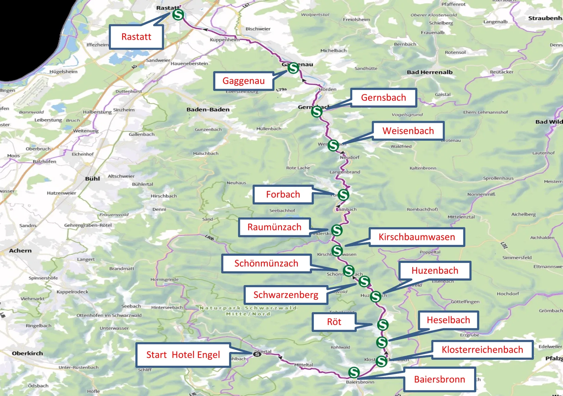 Radtourenkarte der Tour de Murg von Obertal durchs Murgtal bis Forbach und Rastatt mit S-Bahn-Rückfahrmöglichkeiten.