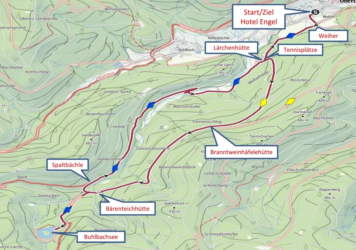 Wanderkarte der Tour zum Buhlbachsee ab Hotel Engel Obertal mit Route über Branntweinhäfelehütte, Bärenteichhütte und Spaltbächle.