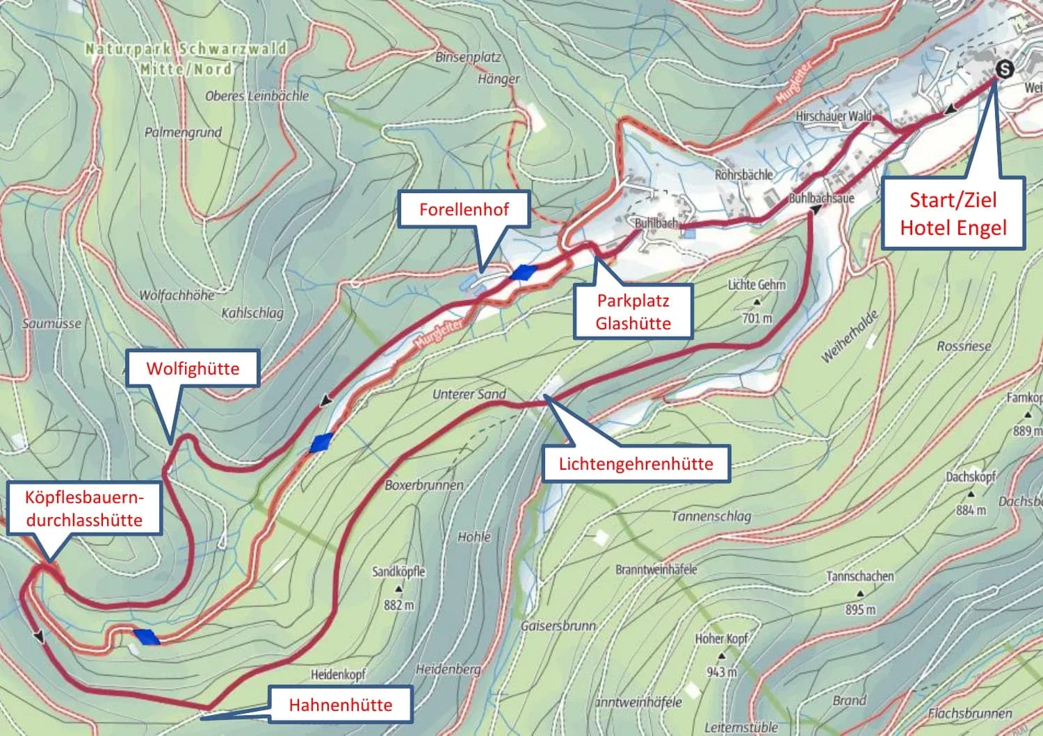 Wanderkarte der Tour de Rechtmurg ab Hotel Engel Obertal mit Route über Forellenhof, Wolfighütte, Köpflesbauerndurchlasshütte und Hahnenhütte.