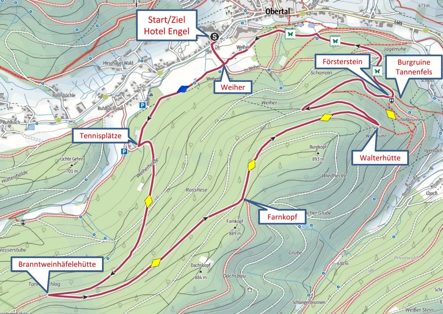Wanderkarte der Tour zum Genussplatz an der Walterhütte ab Hotel Engel Obertal mit Route über Branntweinhäfelehütte, Farnkopf und Ruine Tannenfels.