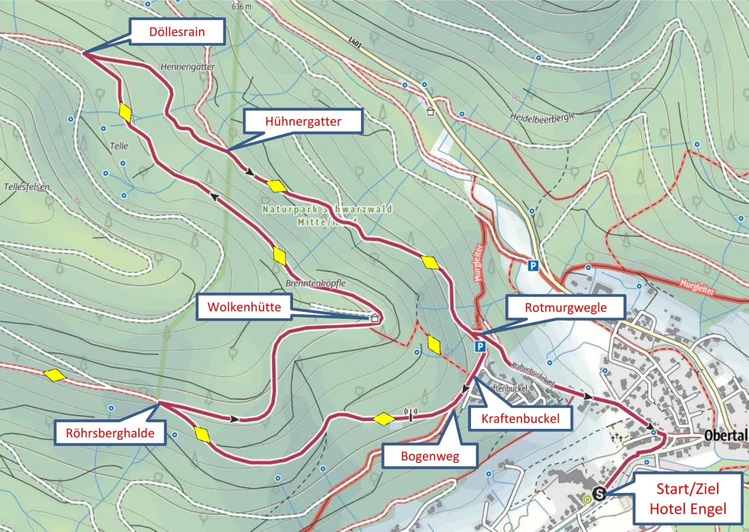 Wanderkarte der Tour zur Wolkenhütte ab Hotel Engel Obertal mit Route über Kraftenbuckel, Röhrsberghalde, Döllesrain und Hühnergatter.