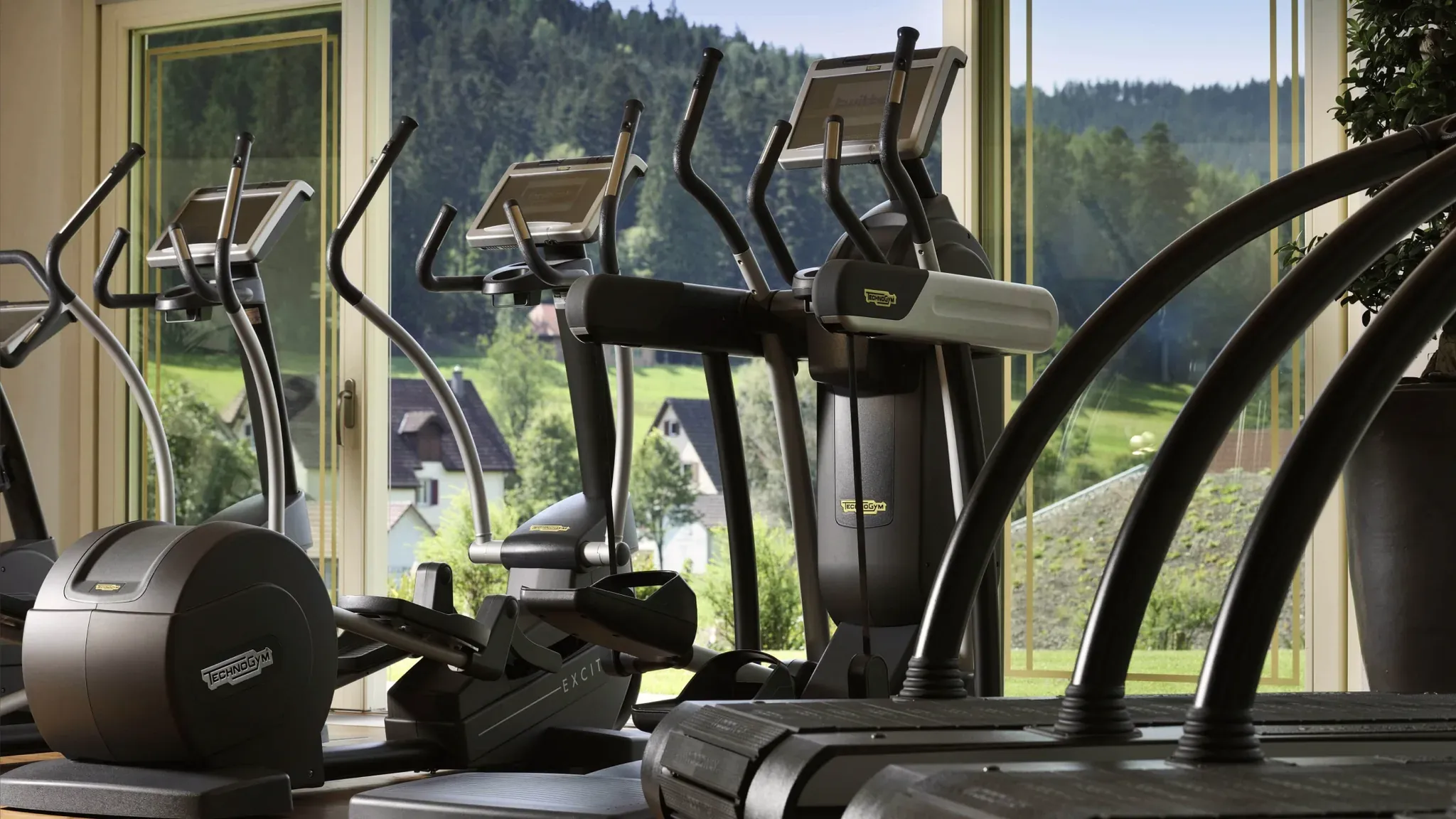 Crosstrainer und Laufbänder stehen vor einer Fensterfront mit Blick auf Wiesen und Wald.